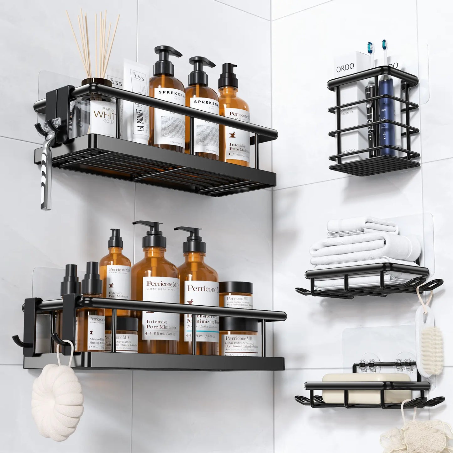 Black Wall-Mounted Metal Shower Holder Shelves, 3/5-Pack Multi-Size No-Drill Shower Organizer, Lightweight Rustproof Modern Caddy with Removable Hooks, Father’S Day Gift