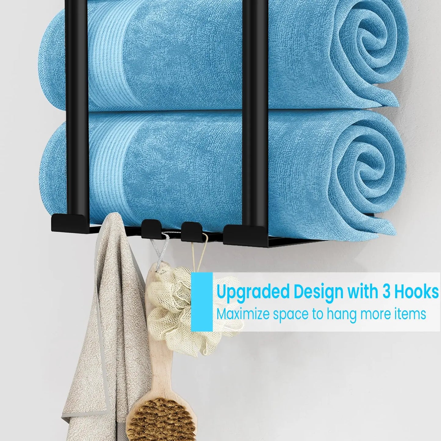 Bathroom Towel Storage Rack, Metal Towel Racks Wall Mounted Can Holds 5 Large Towels, 30.5IN Bathroom Towel Holder with Shelf & Storage Basket, Bathroom Towel Organizer with 3 Hooks, Black