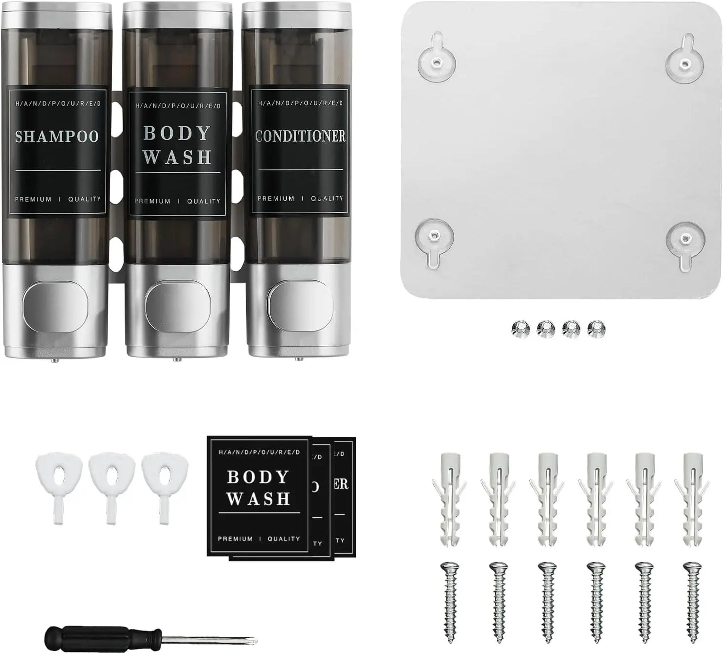 Zoronk 3-Chamber Luxury Shower Dispenser - No Drill Wall-Mounted Transparent Bathroom Organizer for Shampoo, Conditioner & Soap - Hotel-Grade Large Capacity, Silver Home Goods Bottles
