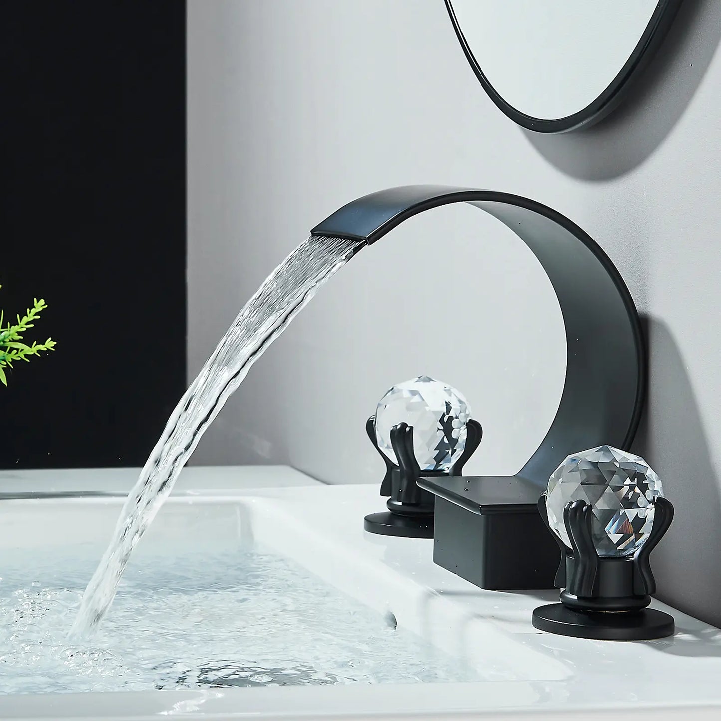 Matte Black Waterfall Bathroom Faucet for Sink 3 Hole 8 Inch Widespread Bathroom Sink Faucets with Supply Lines Stainless Steel 2-Handle Bathroom Sink Faucet Suitable for Vanity Rv Commercial Lavatory Restroom