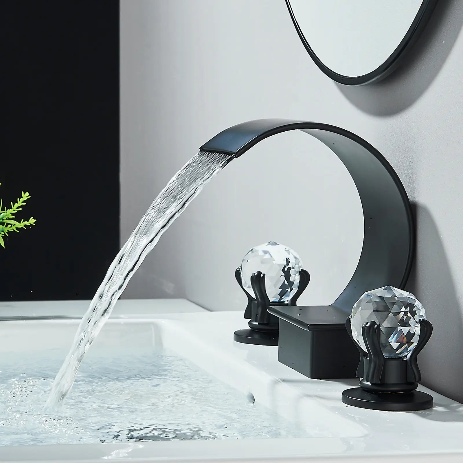 Matte Black Waterfall Bathroom Faucet for Sink 3 Hole 8 Inch Widespread Bathroom Sink Faucets with Supply Lines Stainless Steel 2-Handle Bathroom Sink Faucet Suitable for Vanity Rv Commercial Lavatory Restroom