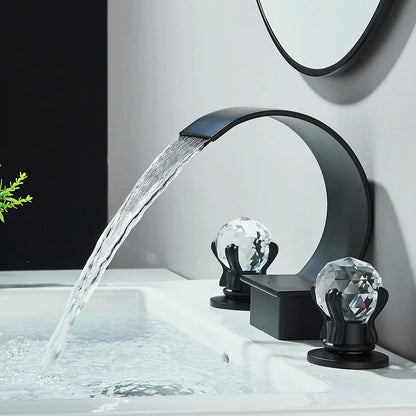 Matte Black Waterfall Bathroom Faucet for Sink 3 Hole 8 Inch Widespread Bathroom Sink Faucets with Supply Lines Stainless Steel 2-Handle Bathroom Sink Faucet Suitable for Vanity Rv Commercial Lavatory Restroom