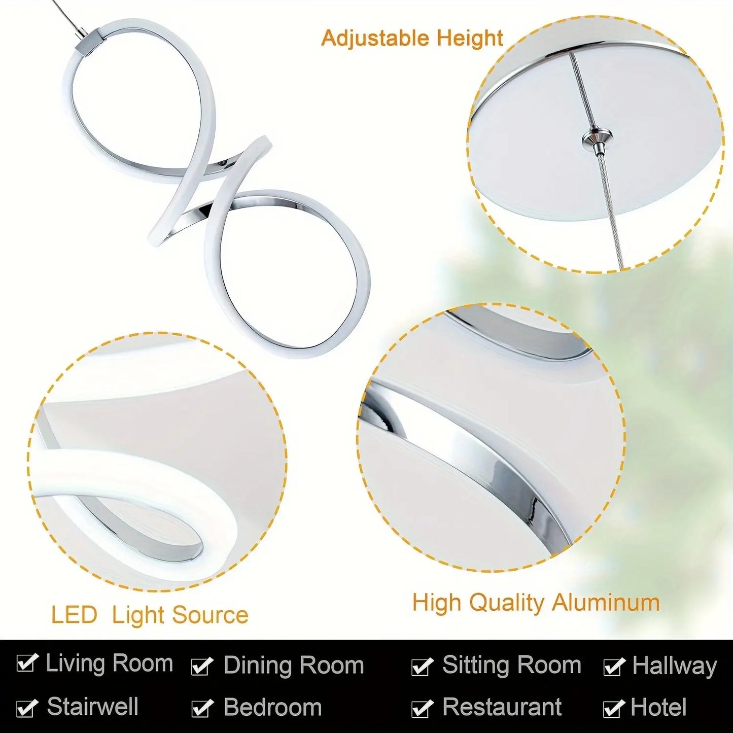 Modern LED Pendant Light, Adjustable Height Twisted 8-Shape, Suitable for Kitchen Island, Dining Room, Bedroom, Chrome Finish, LED Lighting