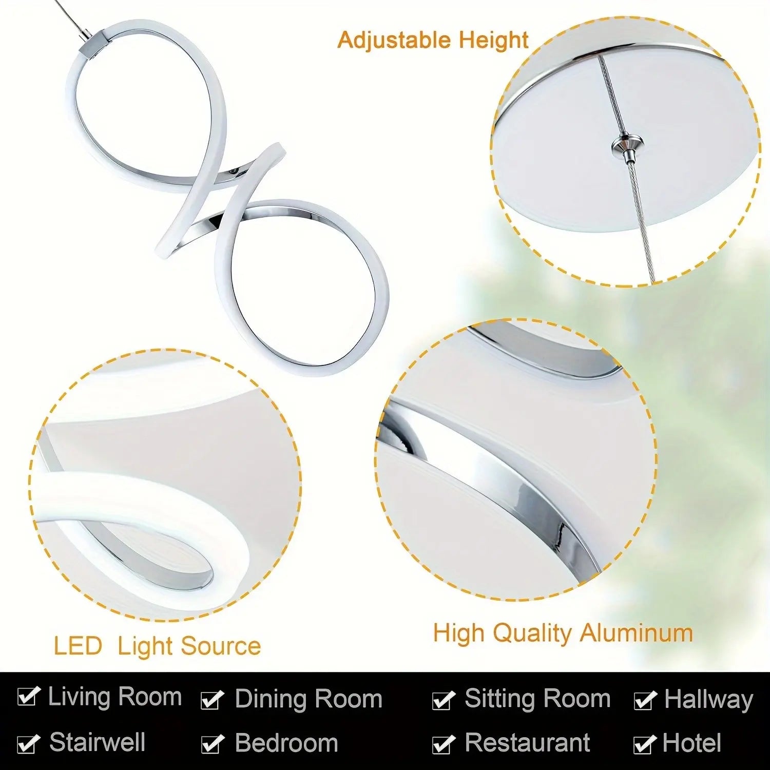 Modern LED Pendant Light, Adjustable Height Twisted 8-Shape, Suitable for Kitchen Island, Dining Room, Bedroom, Chrome Finish, LED Lighting