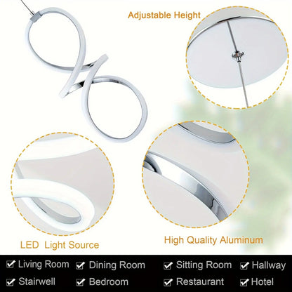 Modern LED Pendant Light, Adjustable Height Twisted 8-Shape, Suitable for Kitchen Island, Dining Room, Bedroom, Chrome Finish, LED Lighting