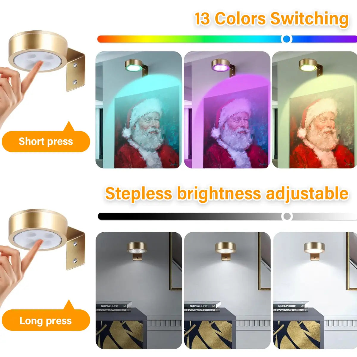 3Pcs Battery Operated Picture Light, Magnetic Led Painting Light with Remote Dimmable and Timer, 3 Lighting Modes And13 RGB Colors Art Display Light for Picture Frame Paintings, Wireless Wall Decor Puck Lights, Gold
