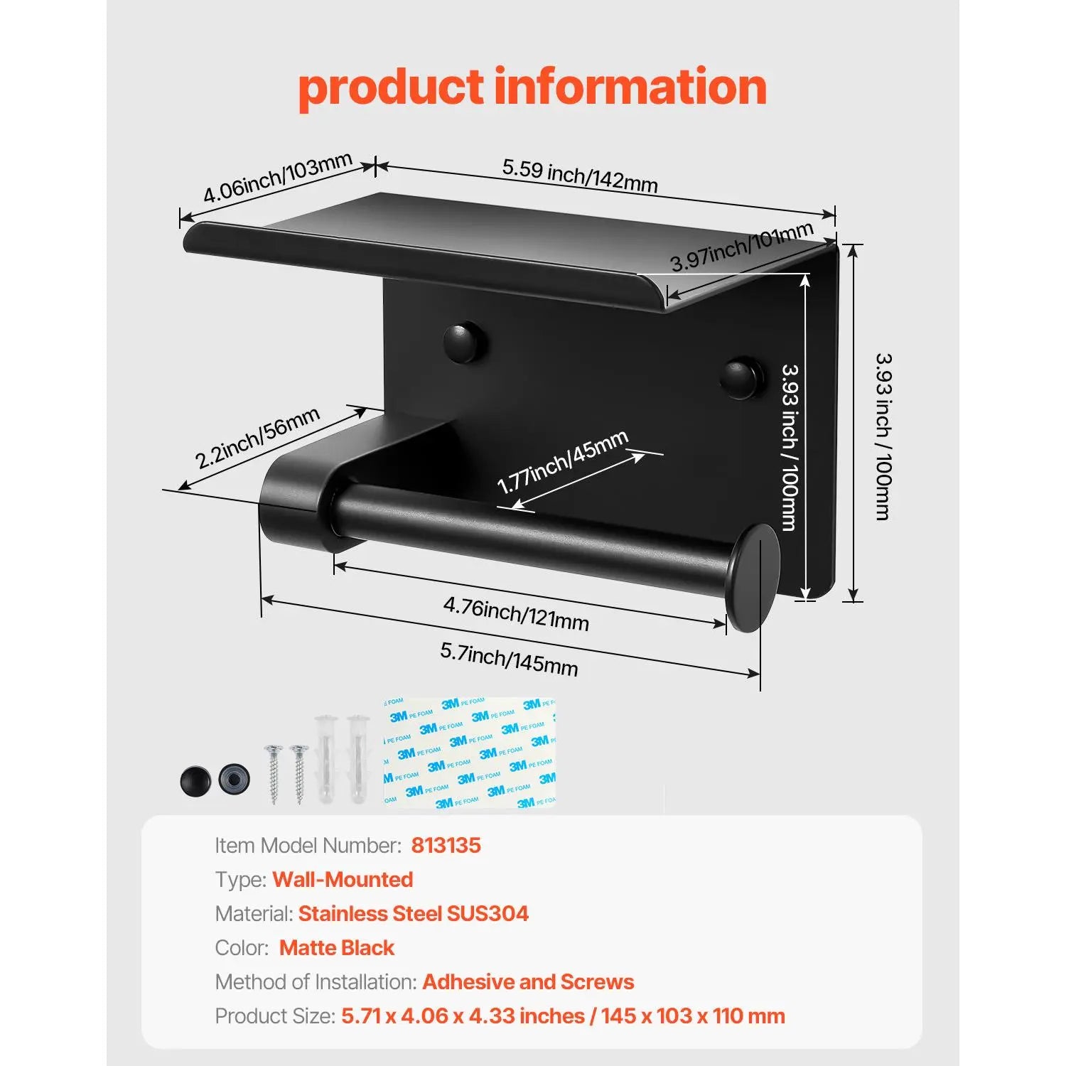 【Fathersdaygift】Vevor Toilet Paper Holder with Shelf, Fits Mega Rolls Size, Stainless Steel Rustproof Material, Wall Mounted with Screws and Double-Sided Tape, Toilet Roll Tissue Holder for Bathroom, Matte Black