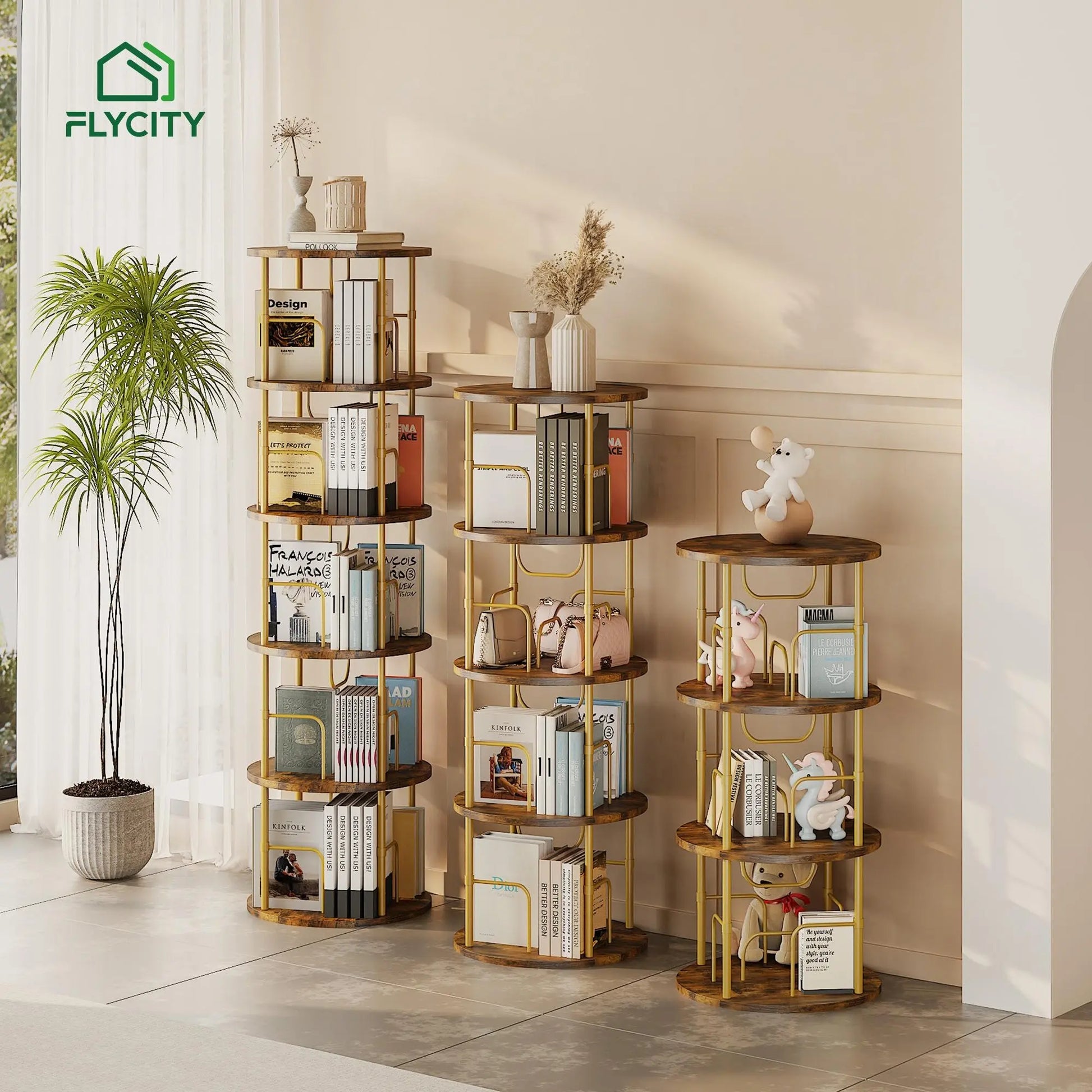 Flycity Rotating Bookshelf 3-5 Tier Spinning Bookshelf Tower 360° Display Unique round Bookcase for Home Study and Office Organization Furniture Stand Monitor Riser