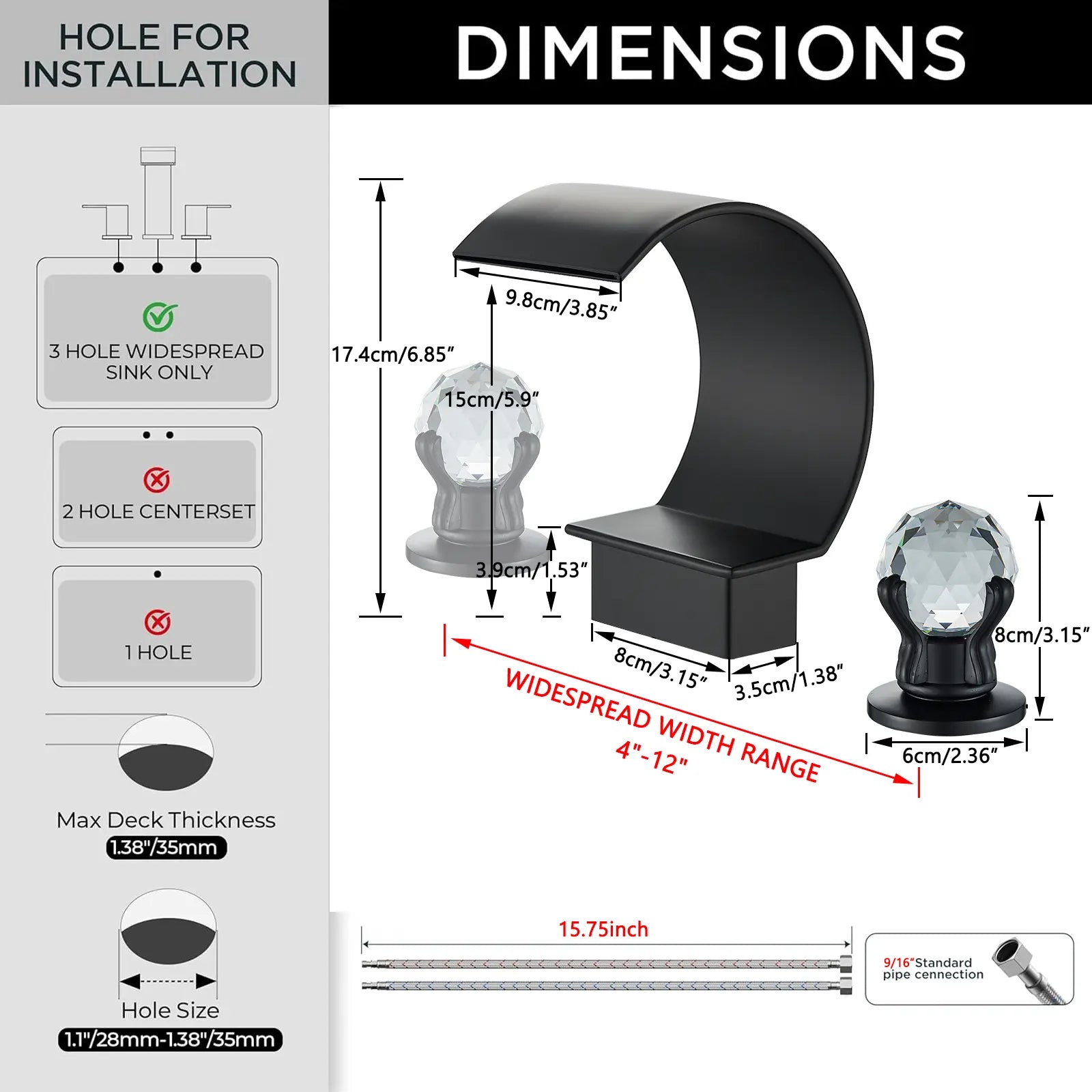 Matte Black Waterfall Bathroom Faucet for Sink 3 Hole 8 Inch Widespread Bathroom Sink Faucets with Supply Lines Stainless Steel 2-Handle Bathroom Sink Faucet Suitable for Vanity Rv Commercial Lavatory Restroom