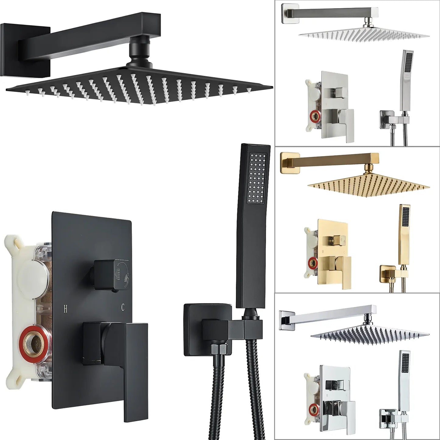 Black Shower Faucet Set Square Rainfall Shower Head and Handle Set Wall Mounted Shower Fixtures Bathroom Shower System Combo with Shower Valve