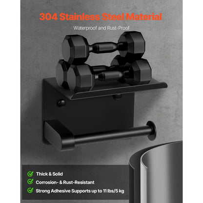 【Fathersdaygift】Vevor Toilet Paper Holder with Shelf, Fits Mega Rolls Size, Stainless Steel Rustproof Material, Wall Mounted with Screws and Double-Sided Tape, Toilet Roll Tissue Holder for Bathroom, Matte Black
