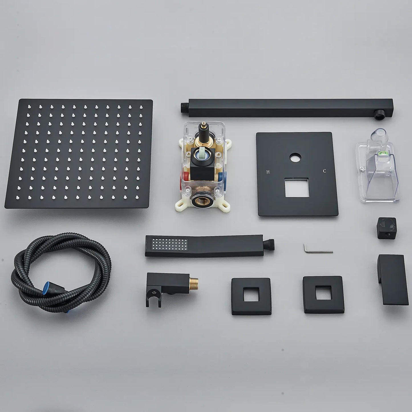 Black Shower Faucet Set Square Rainfall Shower Head and Handle Set Wall Mounted Shower Fixtures Bathroom Shower System Combo with Shower Valve