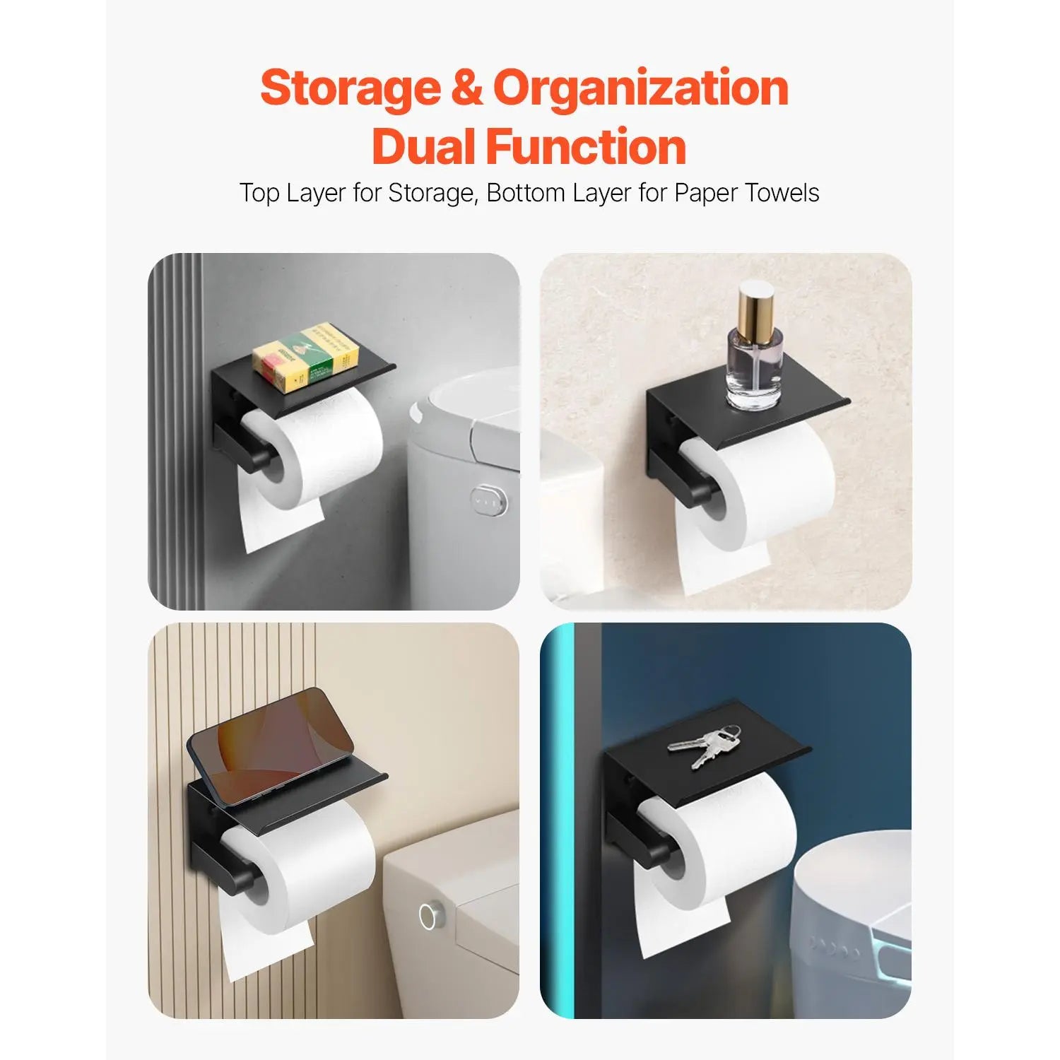 【Fathersdaygift】Vevor Toilet Paper Holder with Shelf, Fits Mega Rolls Size, Stainless Steel Rustproof Material, Wall Mounted with Screws and Double-Sided Tape, Toilet Roll Tissue Holder for Bathroom, Matte Black