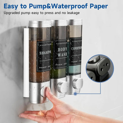 Zoronk 3-Chamber Luxury Shower Dispenser - No Drill Wall-Mounted Transparent Bathroom Organizer for Shampoo, Conditioner & Soap - Hotel-Grade Large Capacity, Silver Home Goods Bottles