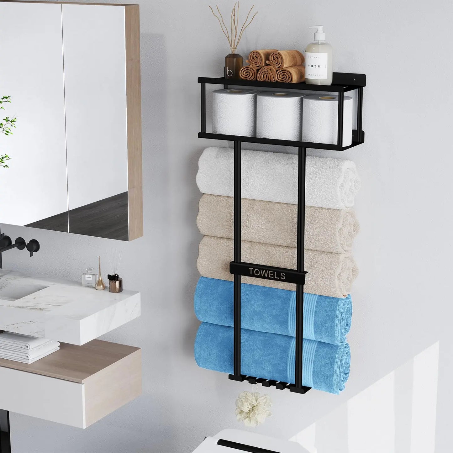 Bathroom Towel Storage Rack, Metal Towel Racks Wall Mounted Can Holds 5 Large Towels, 30.5IN Bathroom Towel Holder with Shelf & Storage Basket, Bathroom Towel Organizer with 3 Hooks, Black