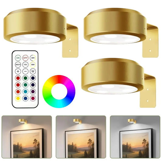 3Pcs Battery Operated Picture Light, Magnetic Led Painting Light with Remote Dimmable and Timer, 3 Lighting Modes And13 RGB Colors Art Display Light for Picture Frame Paintings, Wireless Wall Decor Puck Lights, Gold