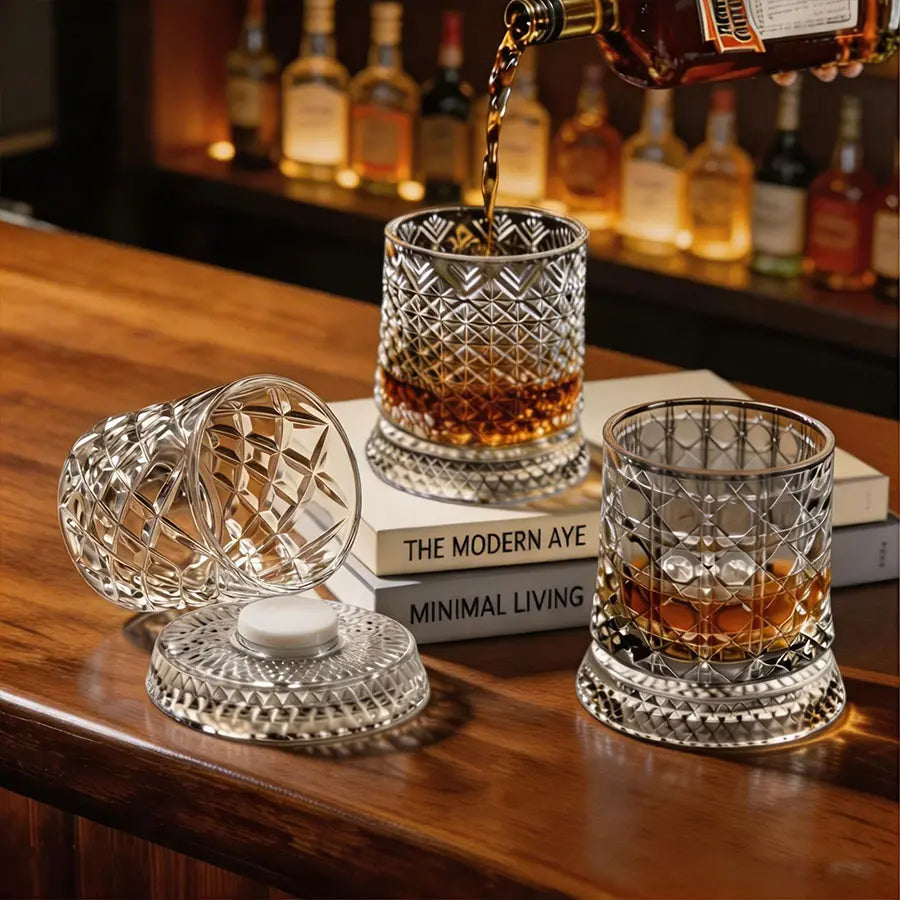 Luxury 360° Spinning Crystal Glass -Star-Cut Stress Relief Whiskey & Wine Glass,Elegant European Barware Gift, Rotating Glasscup Spinning Glass Cup Gift an Illuminated Base Summerwins,Summerwins