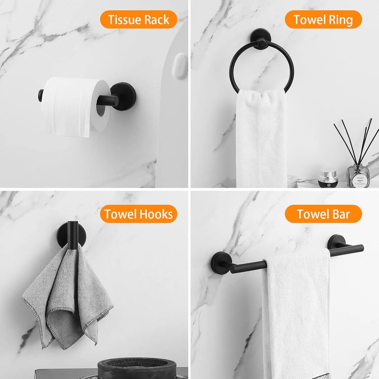 10-Piece Matte Black Stainless Steel Bathroom Hardware Set Includes 2PCS 15.7'' Towel Bars 4PCS Towel Hooks 2PCS Toilet Paper Holder & 2PCS Towel Rings for Modern Bathrooms