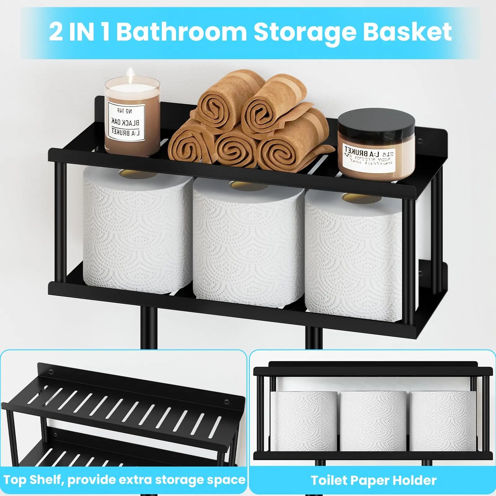 Bathroom Towel Storage Rack, Metal Towel Racks Wall Mounted Can Holds 5 Large Towels, 30.5IN Bathroom Towel Holder with Shelf & Storage Basket, Bathroom Towel Organizer with 3 Hooks, Black