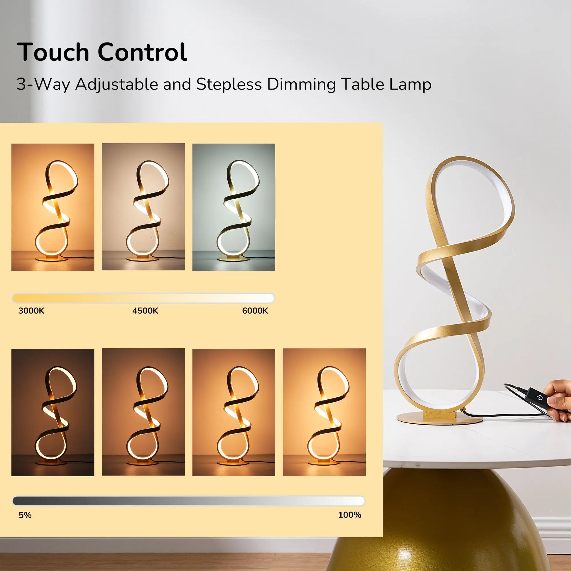 EDISHINE Minimalist Nordic 3D LED Touch Control Ambiance Angled Table Lamp, Stepless Dimmable Eye-Caring Optical Illusion Desk Lamp, Desk Accessory for Bedroom, Living Room