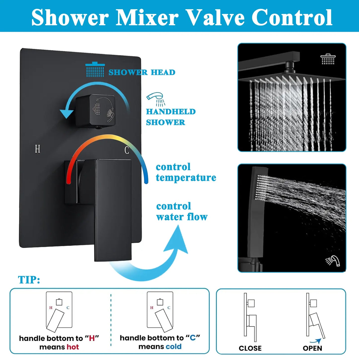 Black Shower Faucet Set Square Rainfall Shower Head and Handle Set Wall Mounted Shower Fixtures Bathroom Shower System Combo with Shower Valve