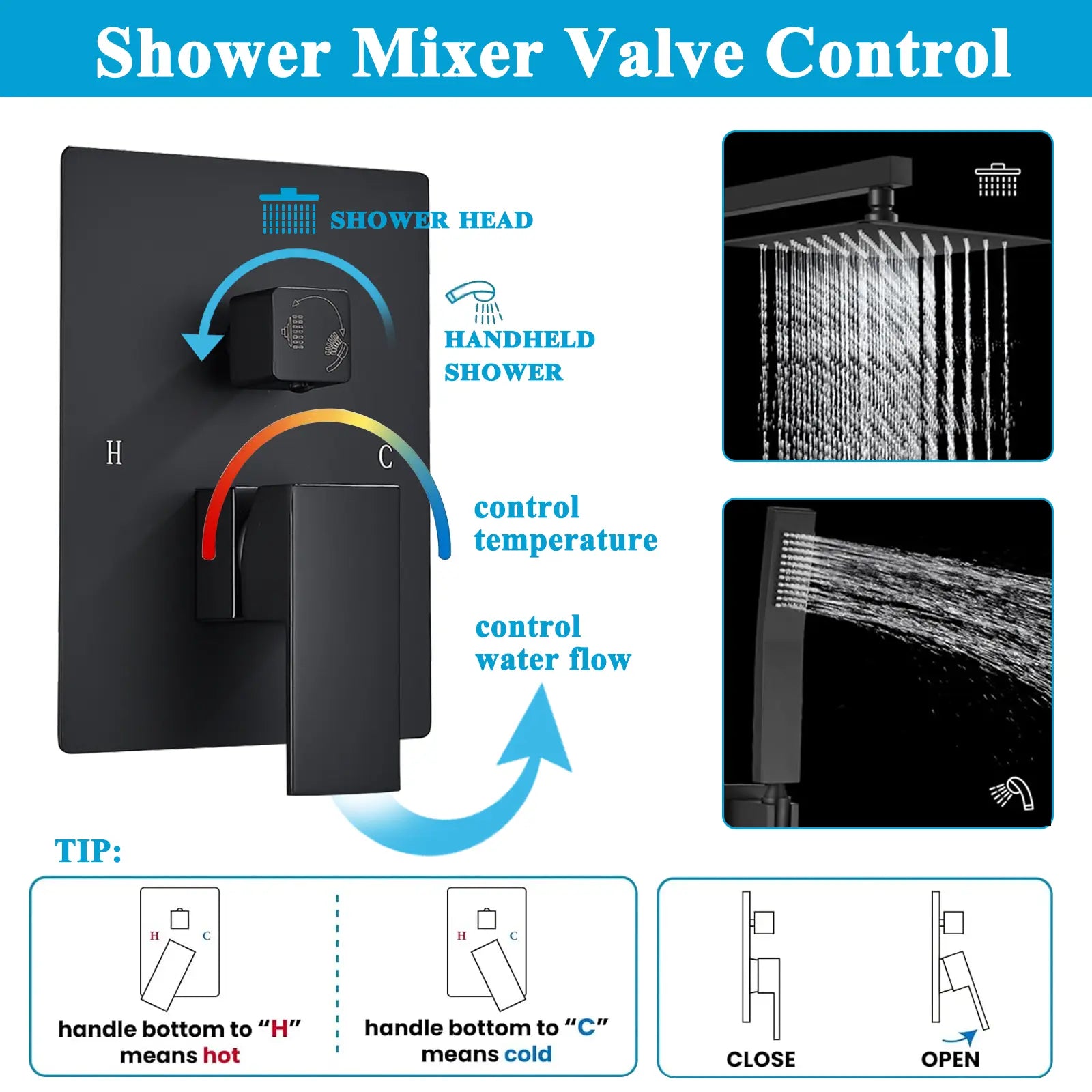 Black Shower Faucet Set Square Rainfall Shower Head and Handle Set Wall Mounted Shower Fixtures Bathroom Shower System Combo with Shower Valve