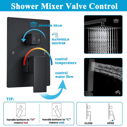 Black Shower Faucet Set Square Rainfall Shower Head and Handle Set Wall Mounted Shower Fixtures Bathroom Shower System Combo with Shower Valve