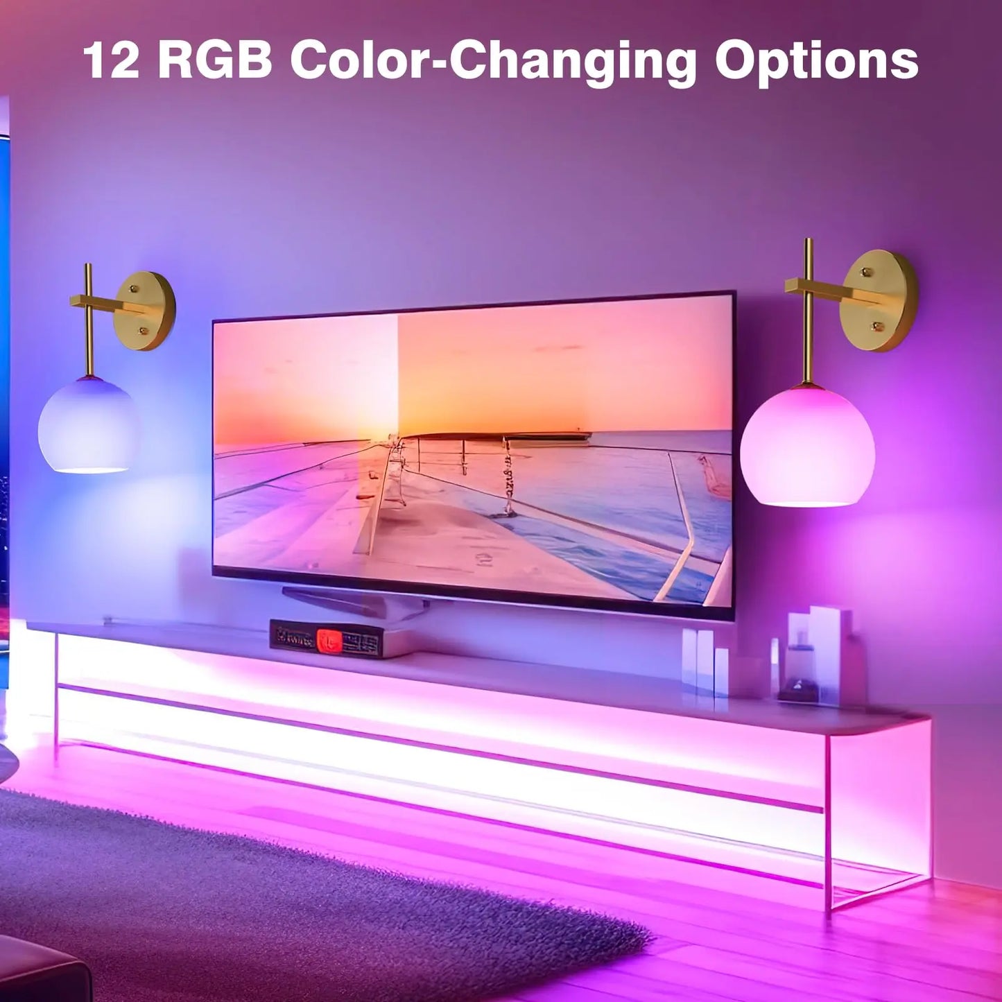 MOITA Wall Sconces Set of Two, Wireless Battery Operated Wall Decor with Remote, Sconces Wall Lighting with Glass Shade, Upward and Downward Installation, 12 RGB Colors and 3 CCT Options