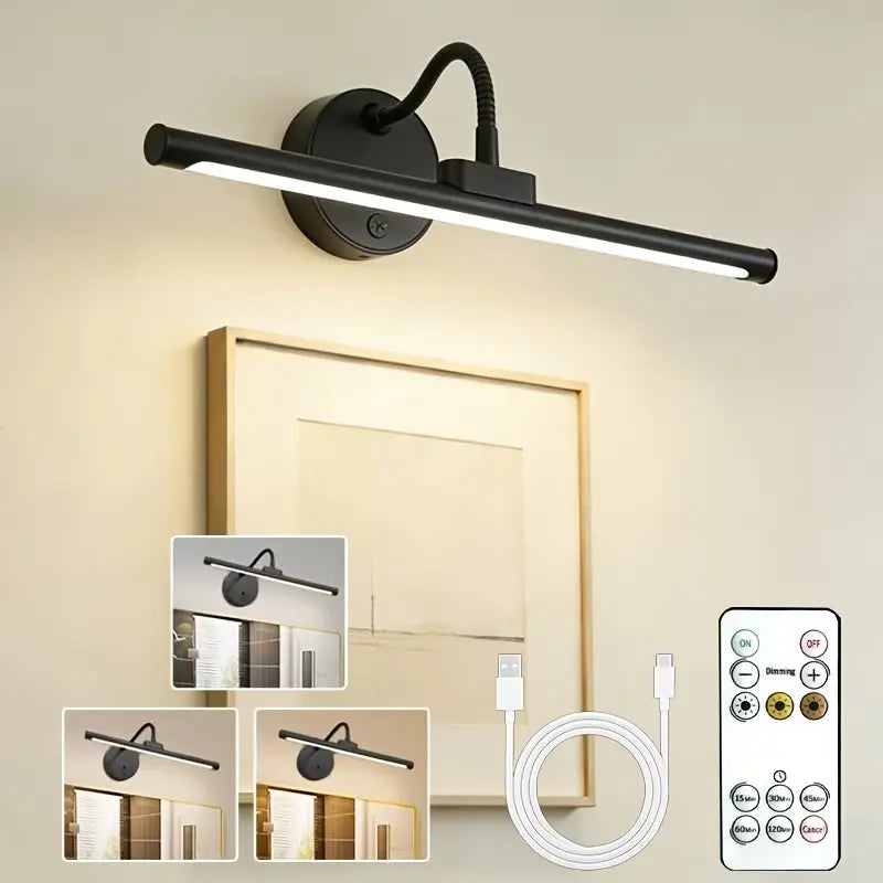1Pc Adjustable Dimmable Picture Light with Remote Control and Timer, Gold, USB Rechargeable Wall Light, Indoor Lighting, Home Decoration Lamp for Gallery Art, Paintings, Portraits