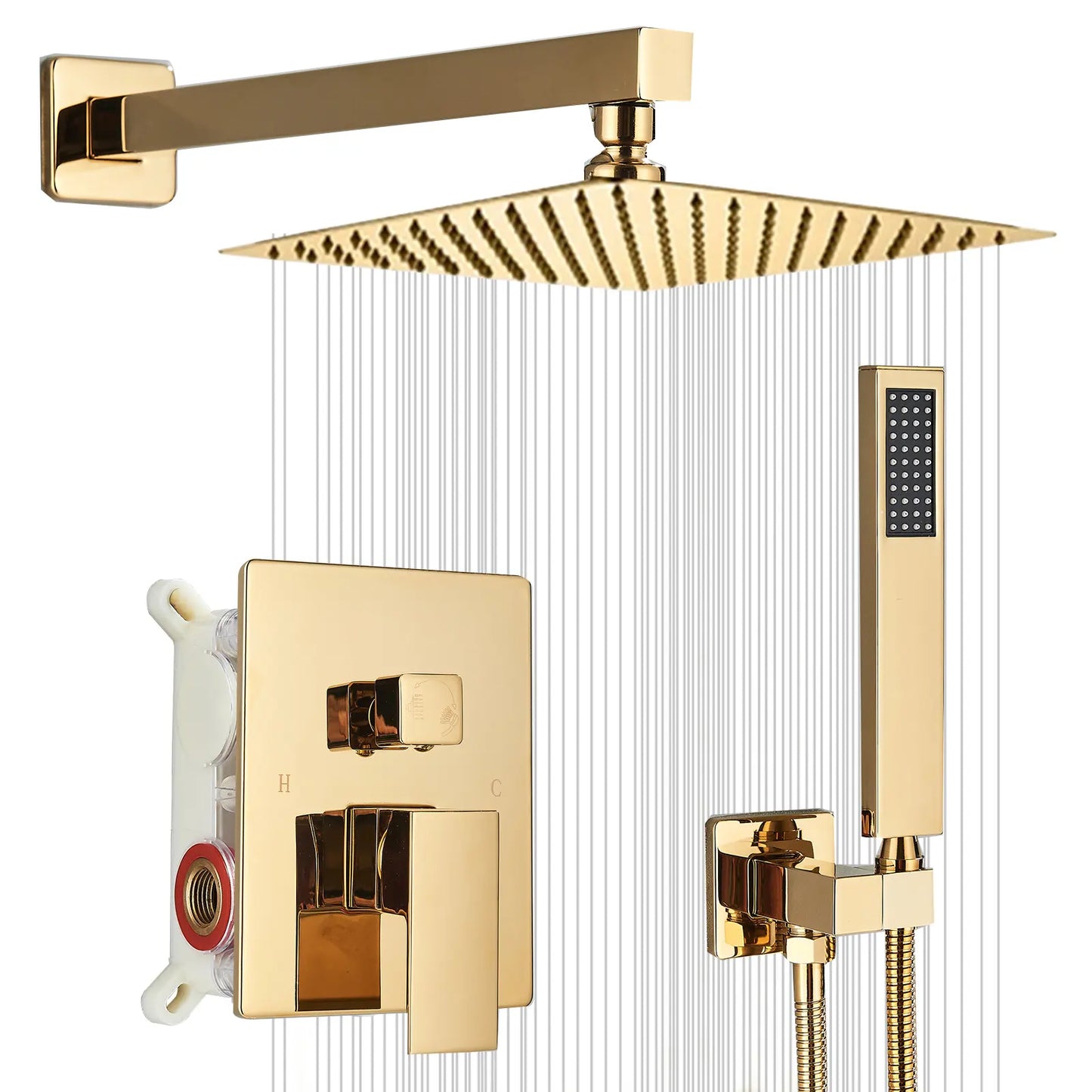 Black Shower Faucet Set Square Rainfall Shower Head and Handle Set Wall Mounted Shower Fixtures Bathroom Shower System Combo with Shower Valve