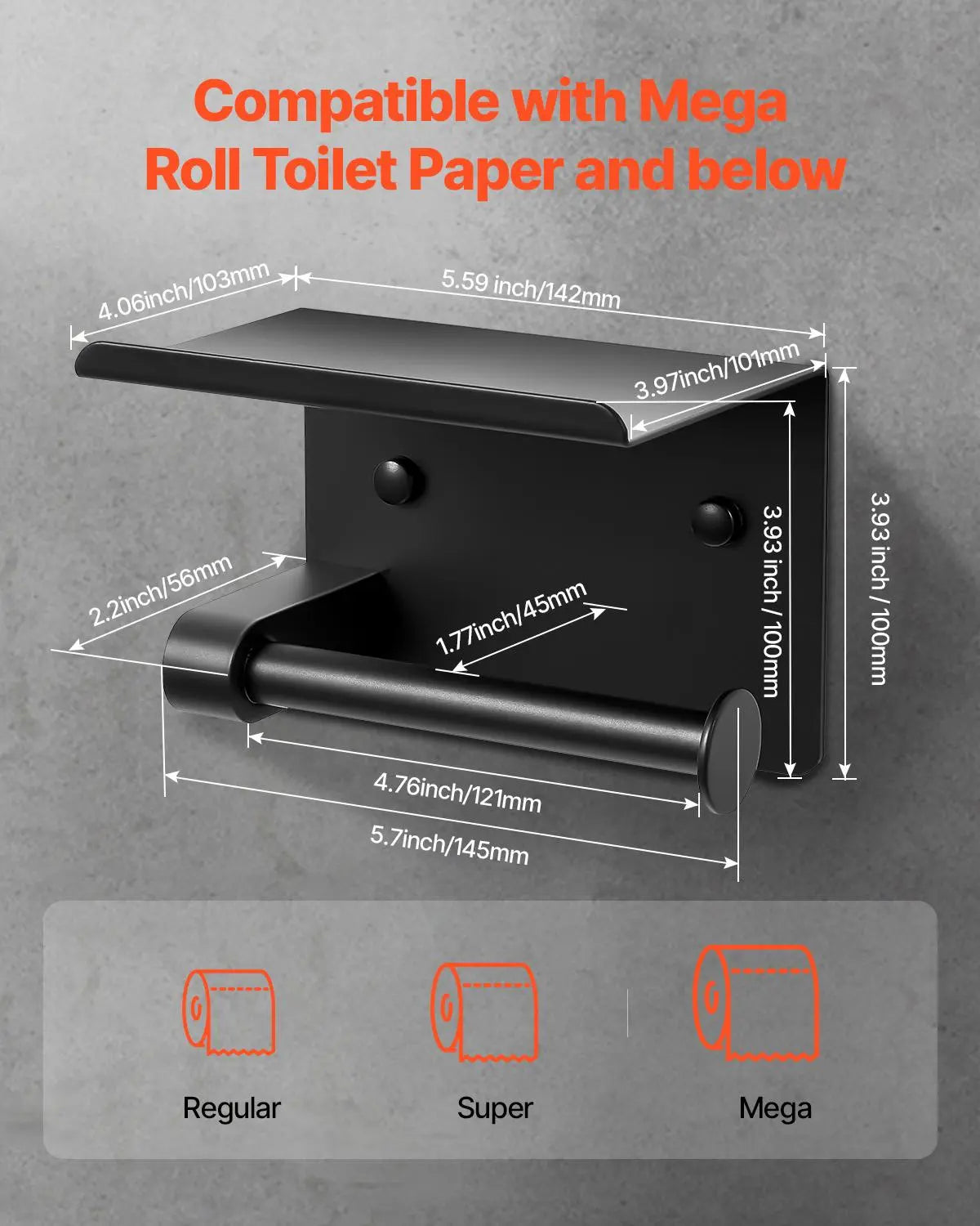 【Fathersdaygift】Vevor Toilet Paper Holder with Shelf, Fits Mega Rolls Size, Stainless Steel Rustproof Material, Wall Mounted with Screws and Double-Sided Tape, Toilet Roll Tissue Holder for Bathroom, Matte Black