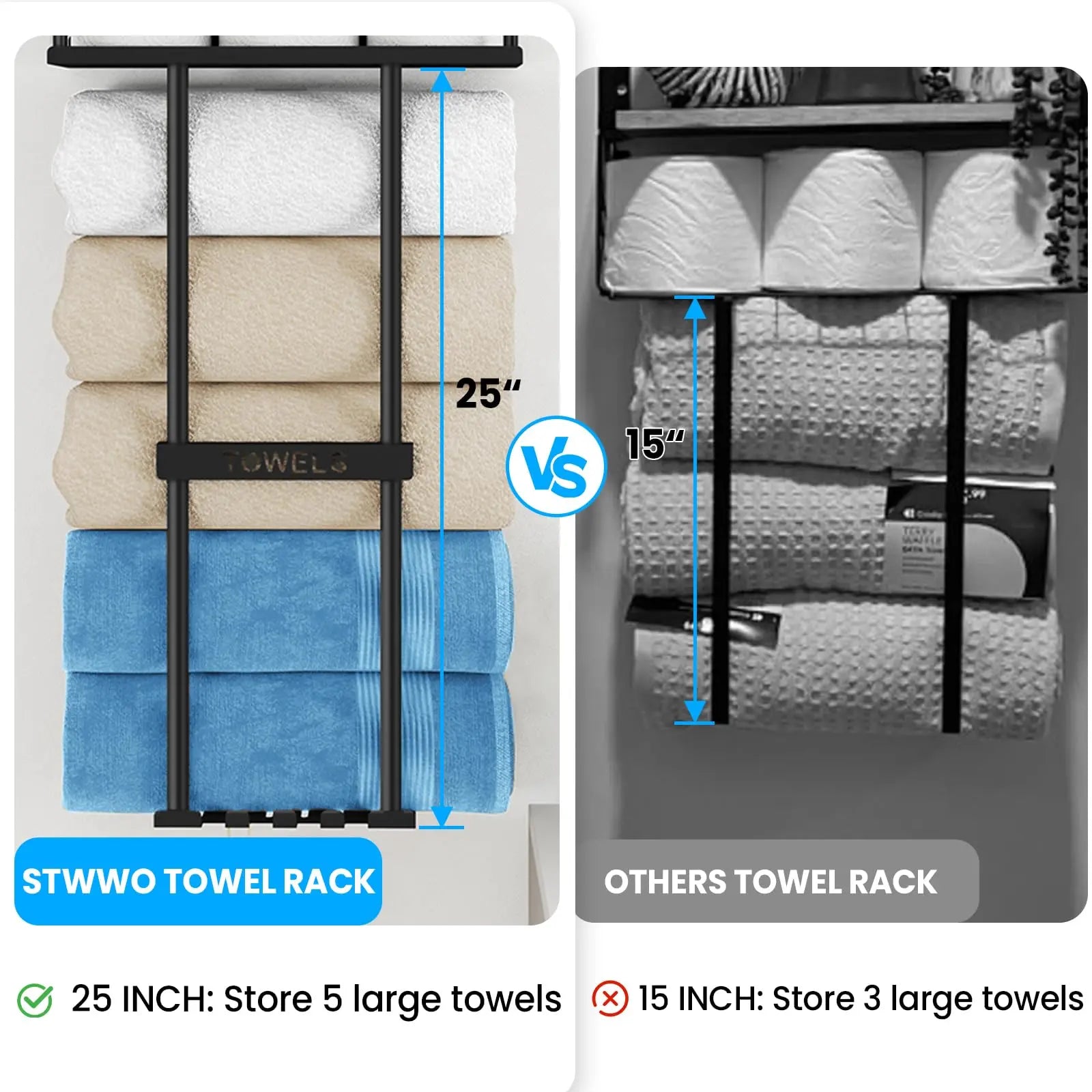 Bathroom Towel Storage Rack, Metal Towel Racks Wall Mounted Can Holds 5 Large Towels, 30.5IN Bathroom Towel Holder with Shelf & Storage Basket, Bathroom Towel Organizer with 3 Hooks, Black