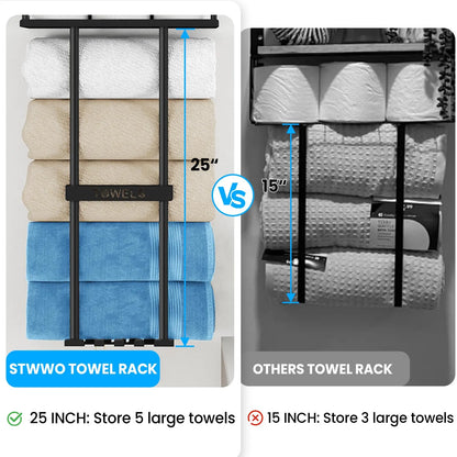 Bathroom Towel Storage Rack, Metal Towel Racks Wall Mounted Can Holds 5 Large Towels, 30.5IN Bathroom Towel Holder with Shelf & Storage Basket, Bathroom Towel Organizer with 3 Hooks, Black