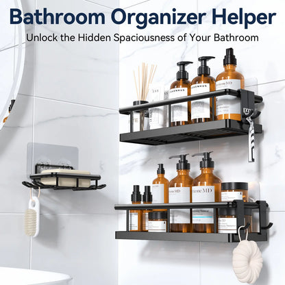 Black Wall-Mounted Metal Shower Holder Shelves, 3/5-Pack Multi-Size No-Drill Shower Organizer, Lightweight Rustproof Modern Caddy with Removable Hooks, Father’S Day Gift