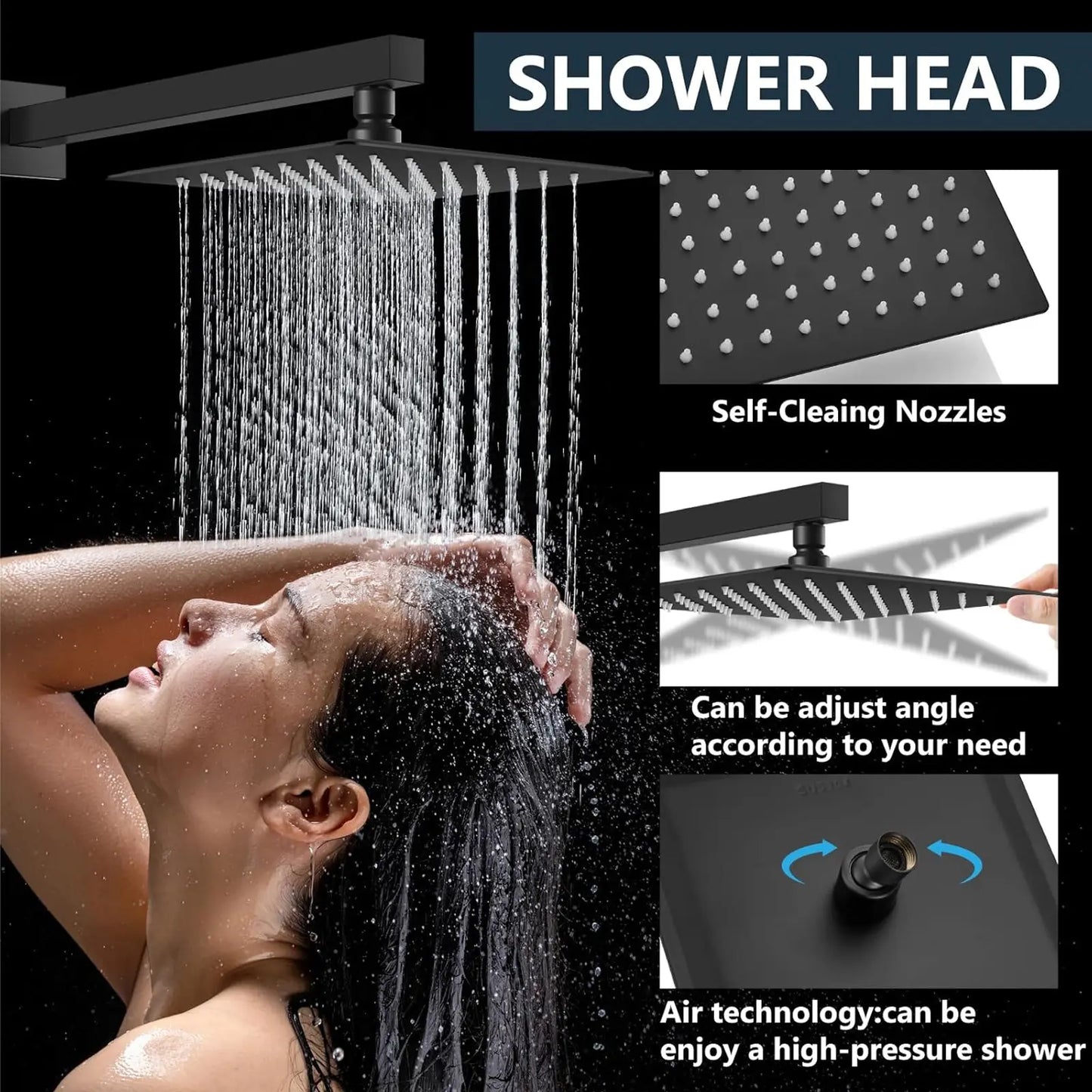 Black Shower Faucet Set Square Rainfall Shower Head and Handle Set Wall Mounted Shower Fixtures Bathroom Shower System Combo with Shower Valve