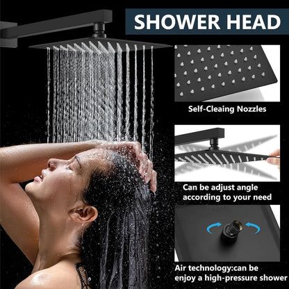 Black Shower Faucet Set Square Rainfall Shower Head and Handle Set Wall Mounted Shower Fixtures Bathroom Shower System Combo with Shower Valve