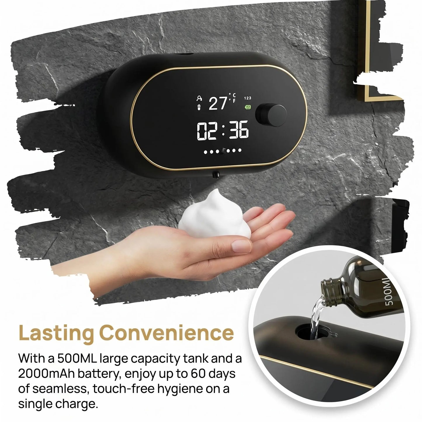 Automatic Soap Dispenser, 500ML Touchless Foaming Soap Dispenser, 3 Adjustable Levels, USB Rechargeable Wall Mounted Electric Soap Dispenser with Infrared Sensor, LED Display, IPX5 Waterproof for Bathroom Kitchen Hotel Commercial (Black)#Summervibes