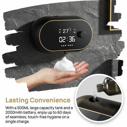 Automatic Soap Dispenser, 500ML Touchless Foaming Soap Dispenser, 3 Adjustable Levels, USB Rechargeable Wall Mounted Electric Soap Dispenser with Infrared Sensor, LED Display, IPX5 Waterproof for Bathroom Kitchen Hotel Commercial (Black)#Summervibes