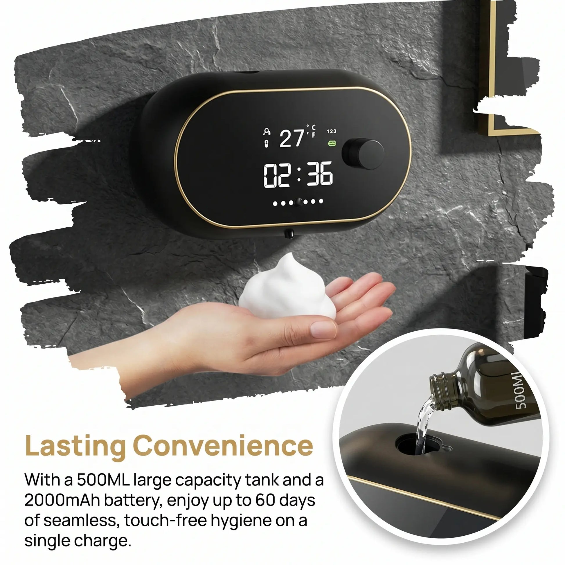 Automatic Soap Dispenser, 500ML Touchless Foaming Soap Dispenser, 3 Adjustable Levels, USB Rechargeable Wall Mounted Electric Soap Dispenser with Infrared Sensor, LED Display, IPX5 Waterproof for Bathroom Kitchen Hotel Commercial (Black)#Summervibes
