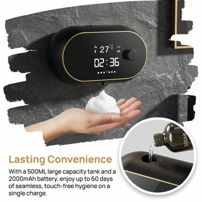 Automatic Soap Dispenser, 500ML Touchless Foaming Soap Dispenser, 3 Adjustable Levels, USB Rechargeable Wall Mounted Electric Soap Dispenser with Infrared Sensor, LED Display, IPX5 Waterproof for Bathroom Kitchen Hotel Commercial (Black)#Summervibes