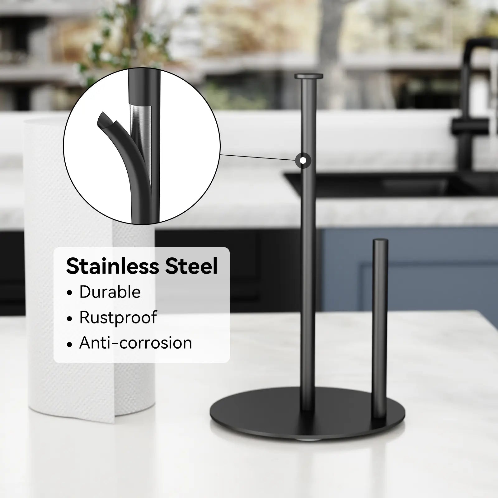 Paper Towel Holder Stand with 4 Silicone Anti-Slip Pads-Freestanding Countertop Stainless Steel Paper Towel Stand, Rust-Resistant, Stable & Durable for Kitchen, Bathroom