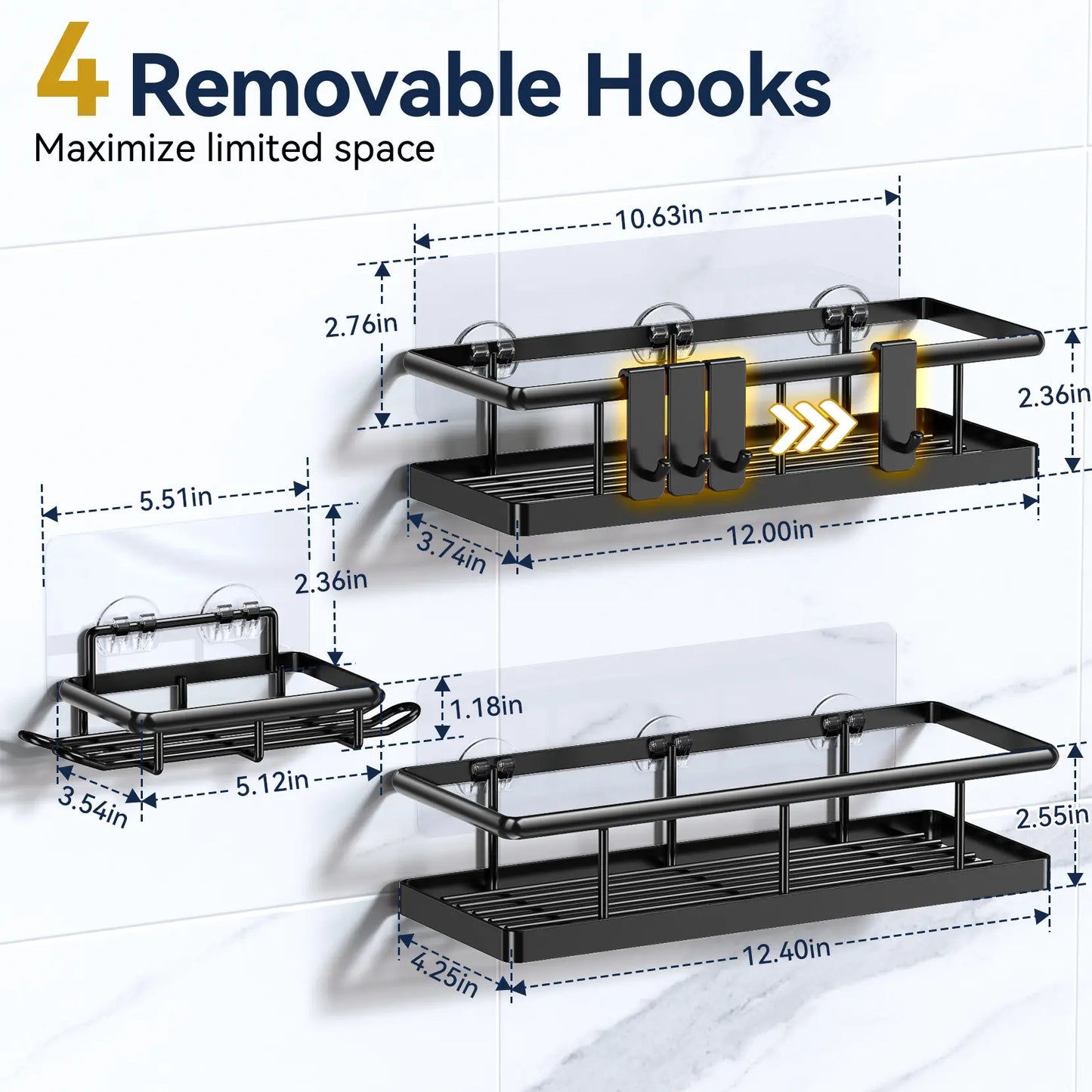 Black Wall-Mounted Metal Shower Holder Shelves, 3/5-Pack Multi-Size No-Drill Shower Organizer, Lightweight Rustproof Modern Caddy with Removable Hooks, Father’S Day Gift