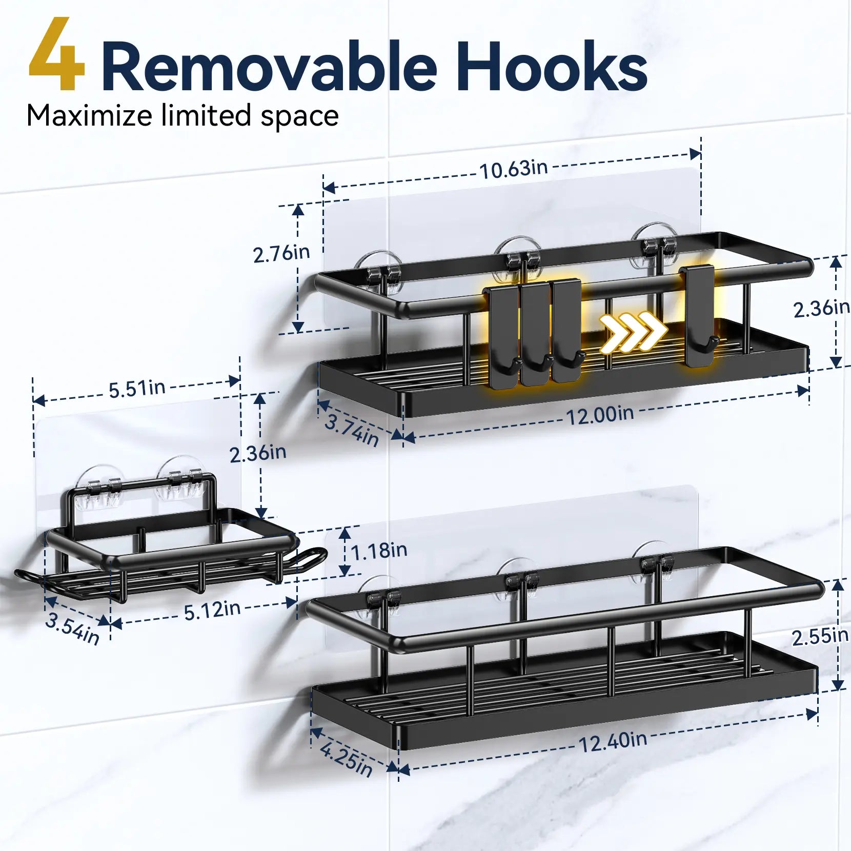 Black Wall-Mounted Metal Shower Holder Shelves, 3/5-Pack Multi-Size No-Drill Shower Organizer, Lightweight Rustproof Modern Caddy with Removable Hooks, Father’S Day Gift