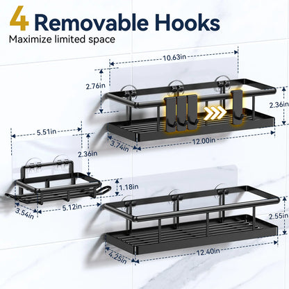 Black Wall-Mounted Metal Shower Holder Shelves, 3/5-Pack Multi-Size No-Drill Shower Organizer, Lightweight Rustproof Modern Caddy with Removable Hooks, Father’S Day Gift