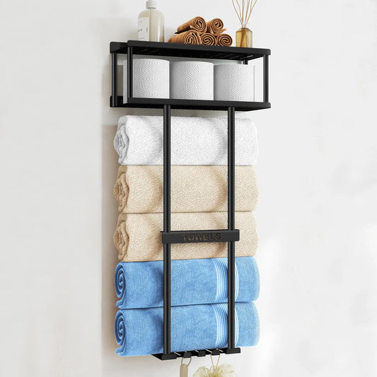 Bathroom Towel Storage Rack, Metal Towel Racks Wall Mounted Can Holds 5 Large Towels, 30.5IN Bathroom Towel Holder with Shelf & Storage Basket, Bathroom Towel Organizer with 3 Hooks, Black