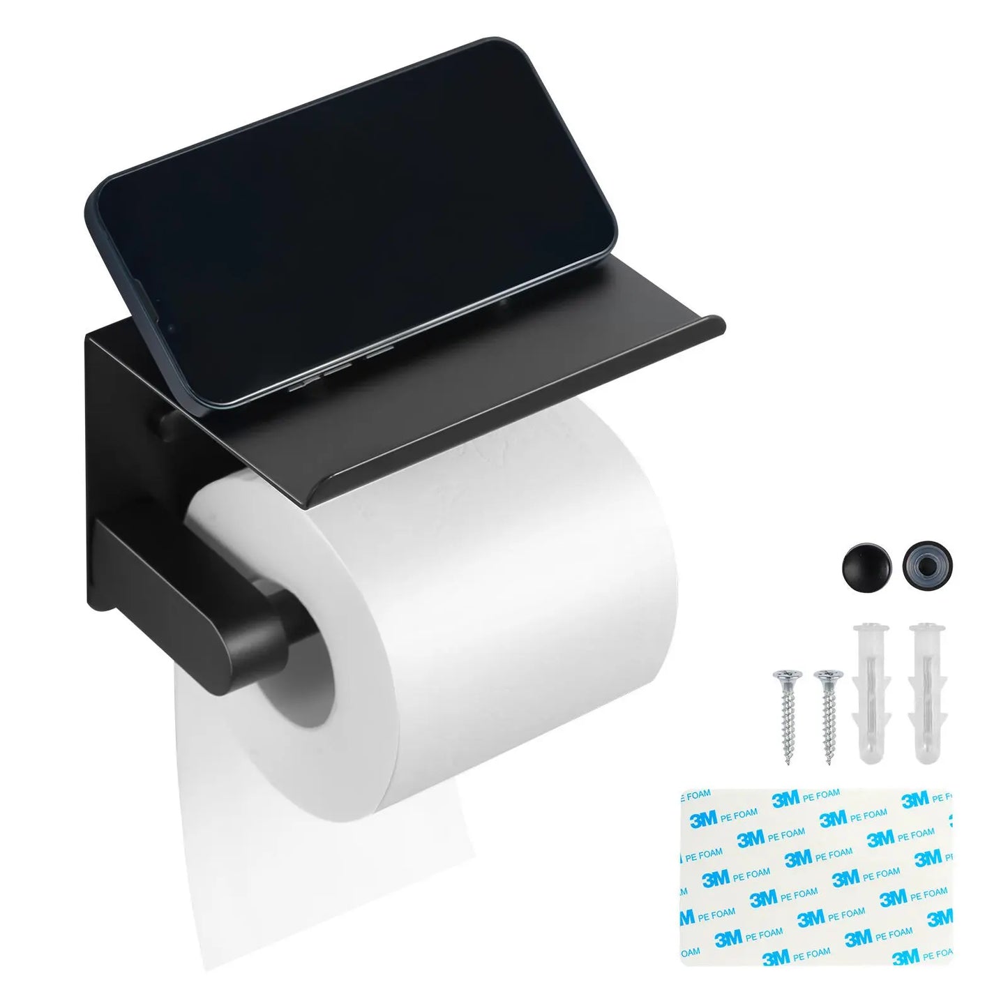 【Fathersdaygift】Vevor Toilet Paper Holder with Shelf, Fits Mega Rolls Size, Stainless Steel Rustproof Material, Wall Mounted with Screws and Double-Sided Tape, Toilet Roll Tissue Holder for Bathroom, Matte Black