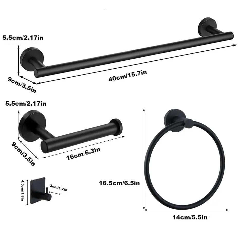 10-Piece Matte Black Stainless Steel Bathroom Hardware Set Includes 2PCS 15.7'' Towel Bars 4PCS Towel Hooks 2PCS Toilet Paper Holder & 2PCS Towel Rings for Modern Bathrooms