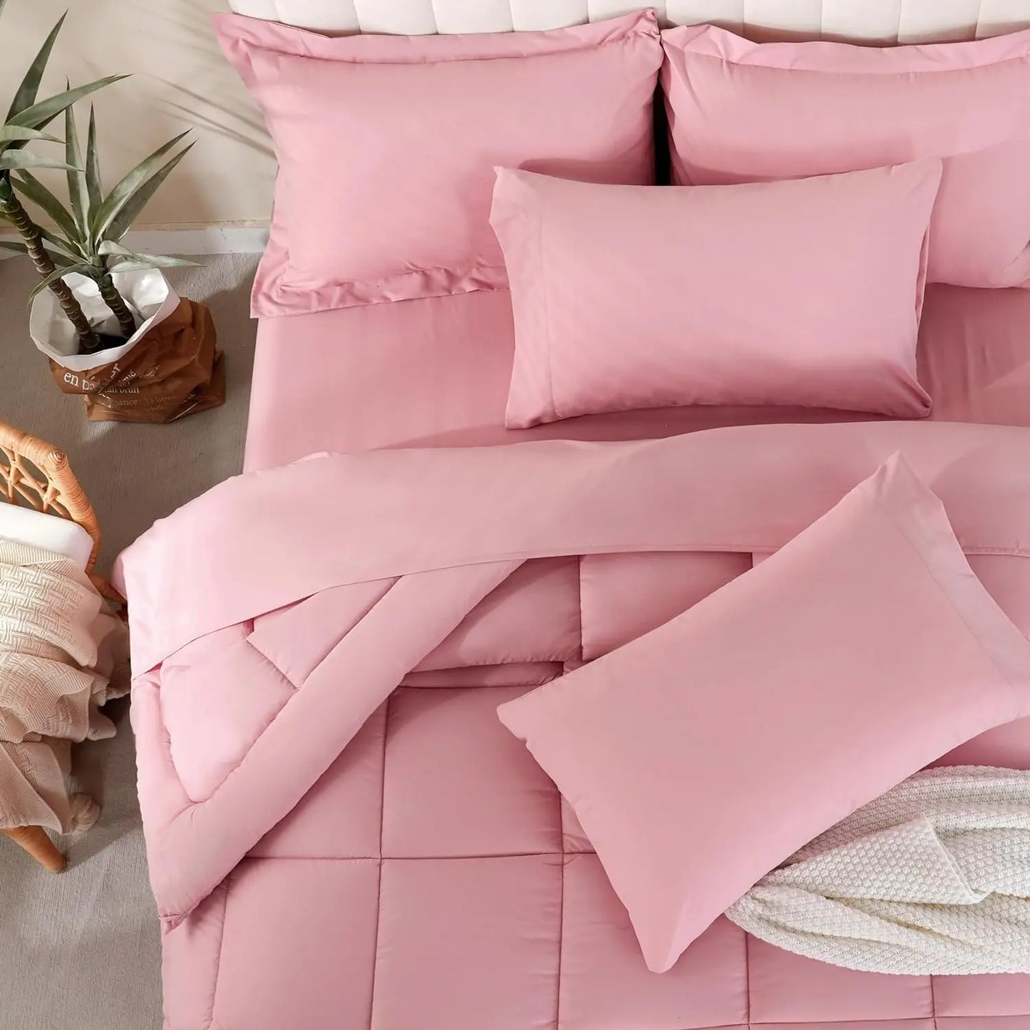 【Summer Wins】Downcool 7Pcs Comforter Sets, Multi-Color Bedding Sets , All Season down Alternative Bedding Comforter Sets with Comforter, Flat Sheet, Fitted Sheet, 2 Pillow Shams & 2 Pillowcases, Pink Bedroom Accessories#Tiktokshopmemorialday