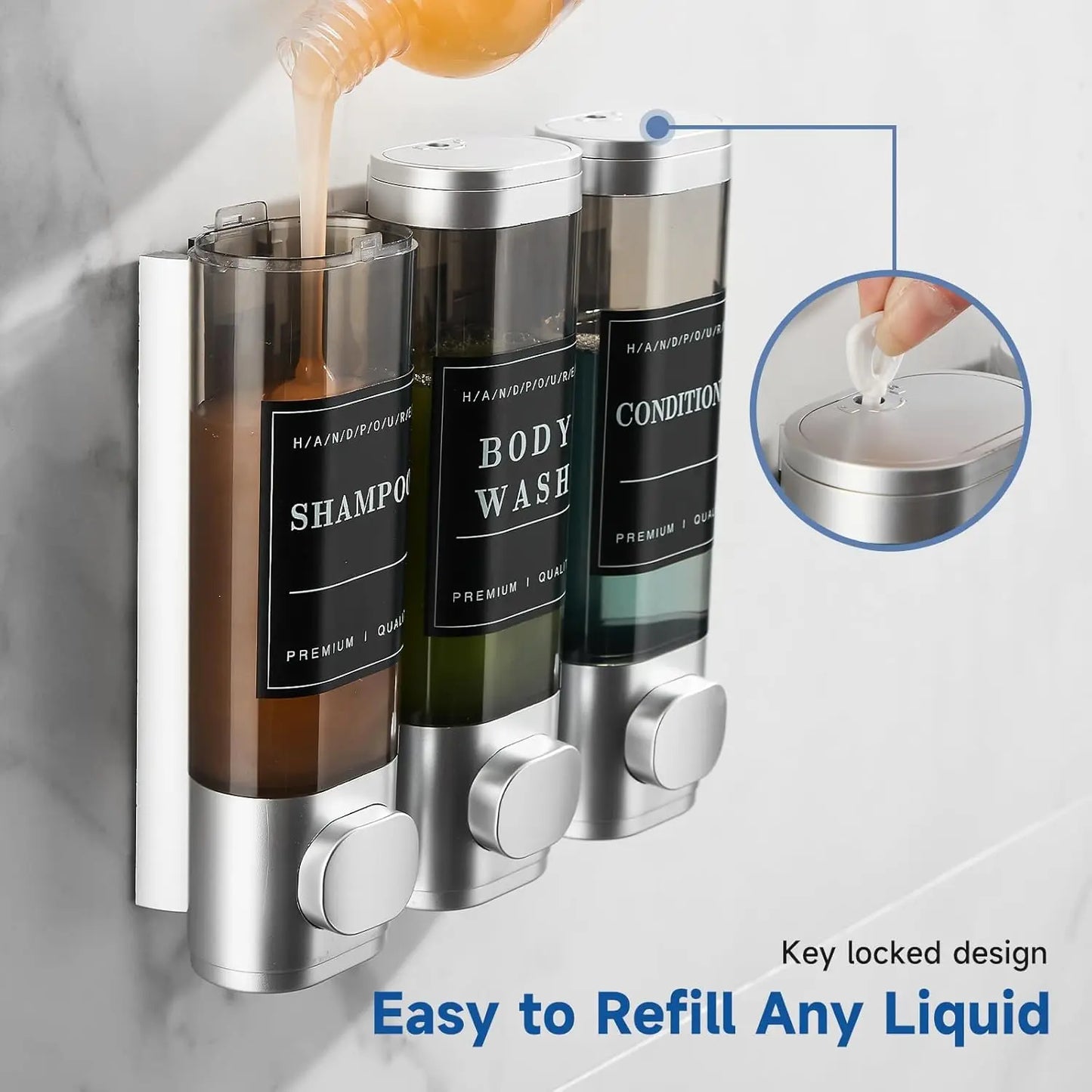 Zoronk 3-Chamber Luxury Shower Dispenser - No Drill Wall-Mounted Transparent Bathroom Organizer for Shampoo, Conditioner & Soap - Hotel-Grade Large Capacity, Silver Home Goods Bottles
