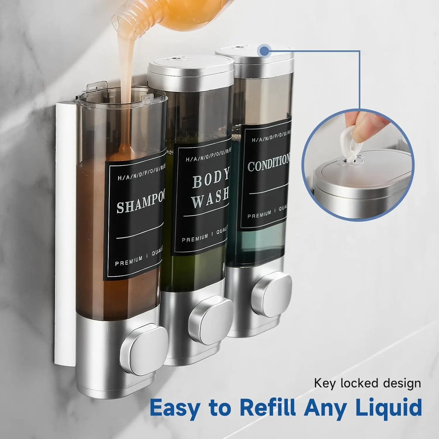 Zoronk 3-Chamber Luxury Shower Dispenser - No Drill Wall-Mounted Transparent Bathroom Organizer for Shampoo, Conditioner & Soap - Hotel-Grade Large Capacity, Silver Home Goods Bottles